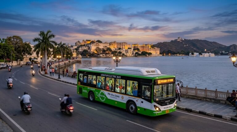 PM-eBus Sewa Udaipur electric low floor city bus at Fatehsagar Lake