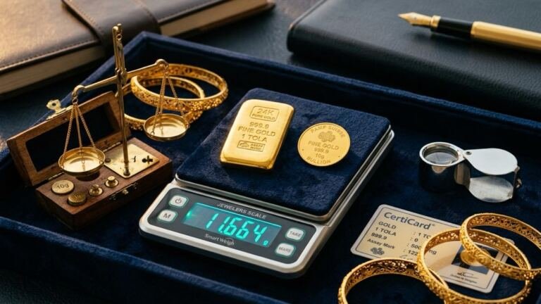 1 Tola gold weight vs 10 grams 24K bullion bar digital scale and 22K jewellery
