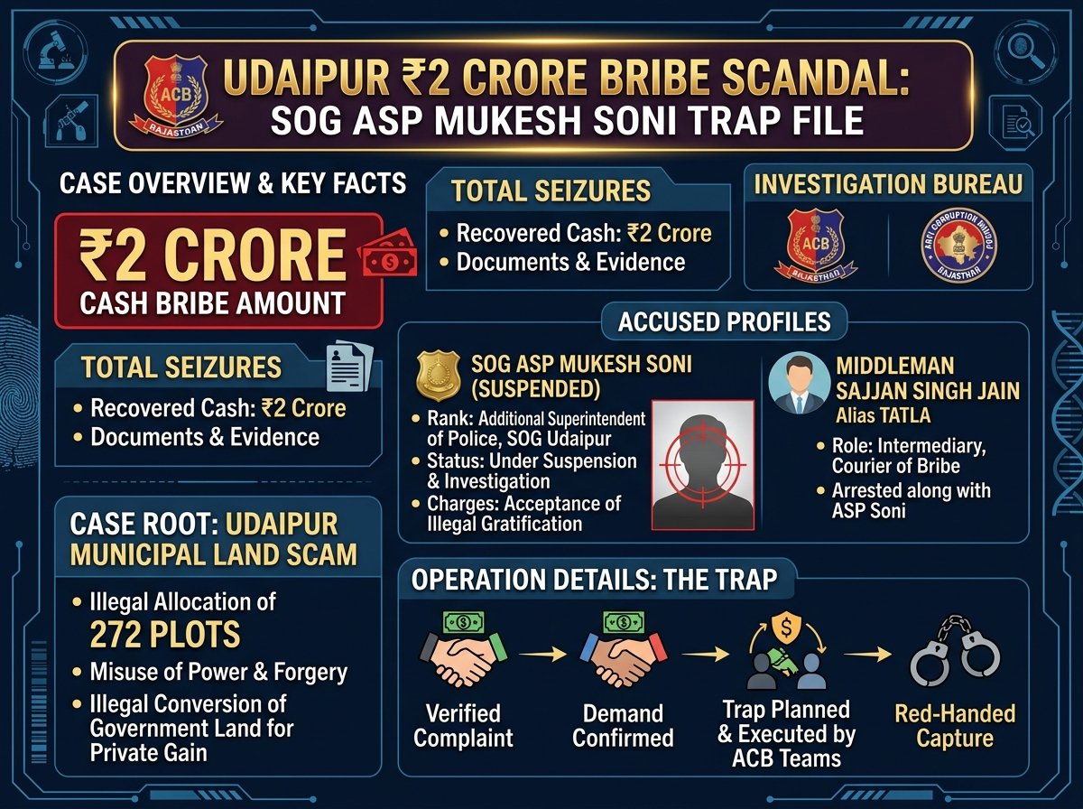 Udaipur 2 Crore Bribe Scandal SOG ASP Mukesh Soni ACB Case File Infographic