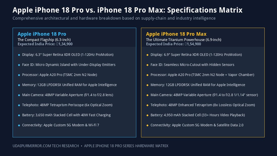 Apple iPhone 18 Pro vs iPhone 18 Pro Max Leaked Hardware Specifications Comparison Matrix