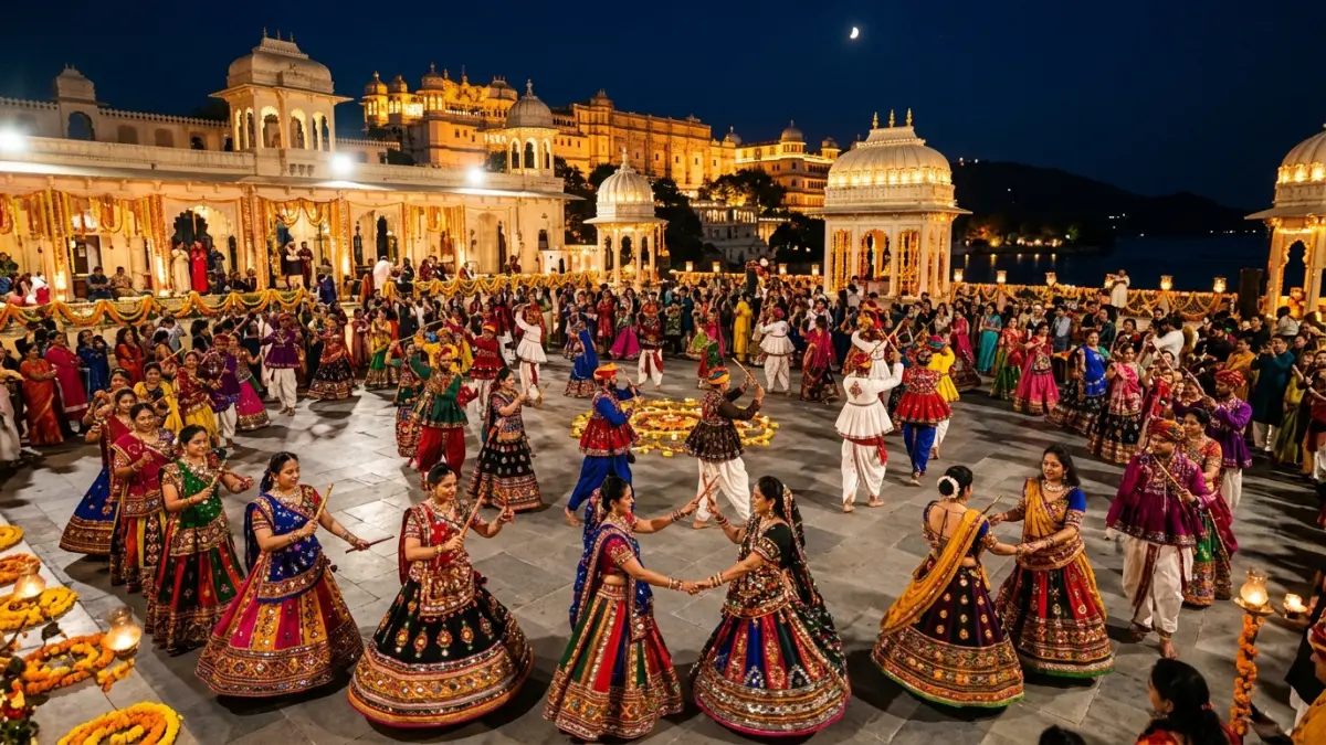 Vibrant Garba and Dandiya Raas celebration in traditional Rajasthani attire against illuminated palace backdrop in Udaipur