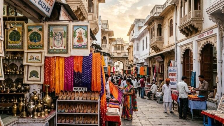 Udaipur heritage shopping bazaar with traditional Rajasthani handicrafts, Pichwai paintings, Bandhani textiles, and Mojaris