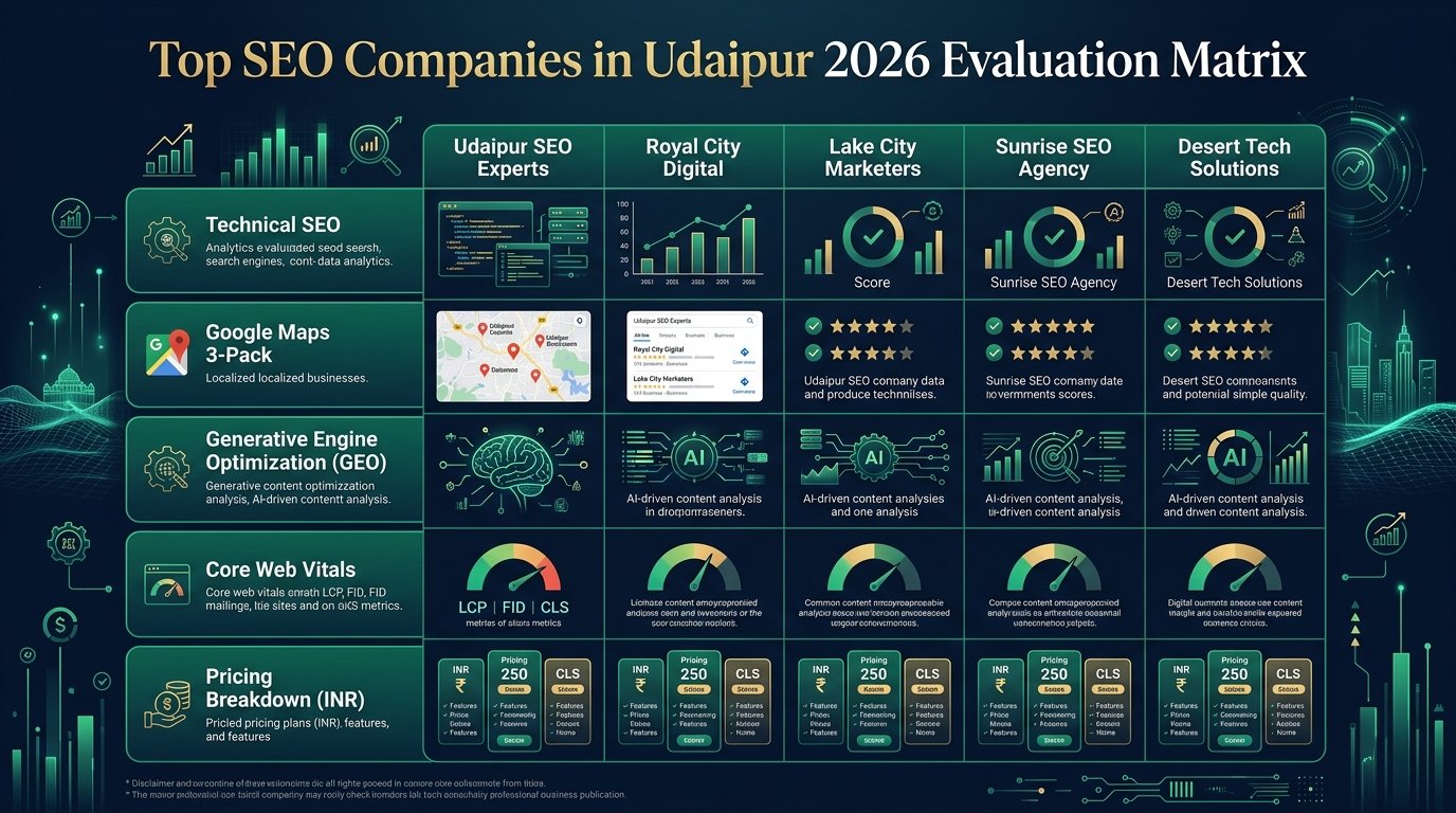 Top SEO Companies in Udaipur 2026 Evaluation Matrix and Service Breakdown Infographic