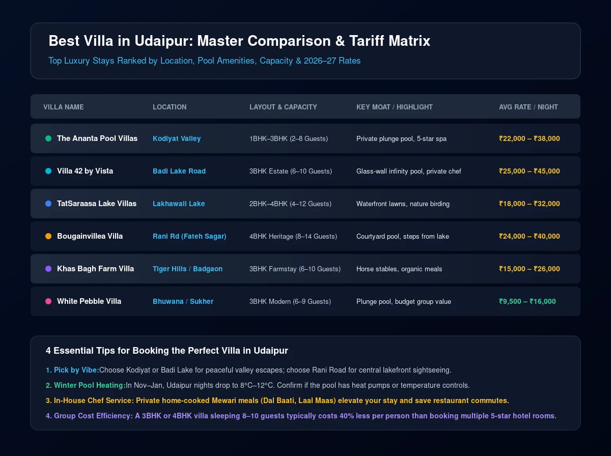 Best villa in Udaipur comparison table tariff amenities and locations