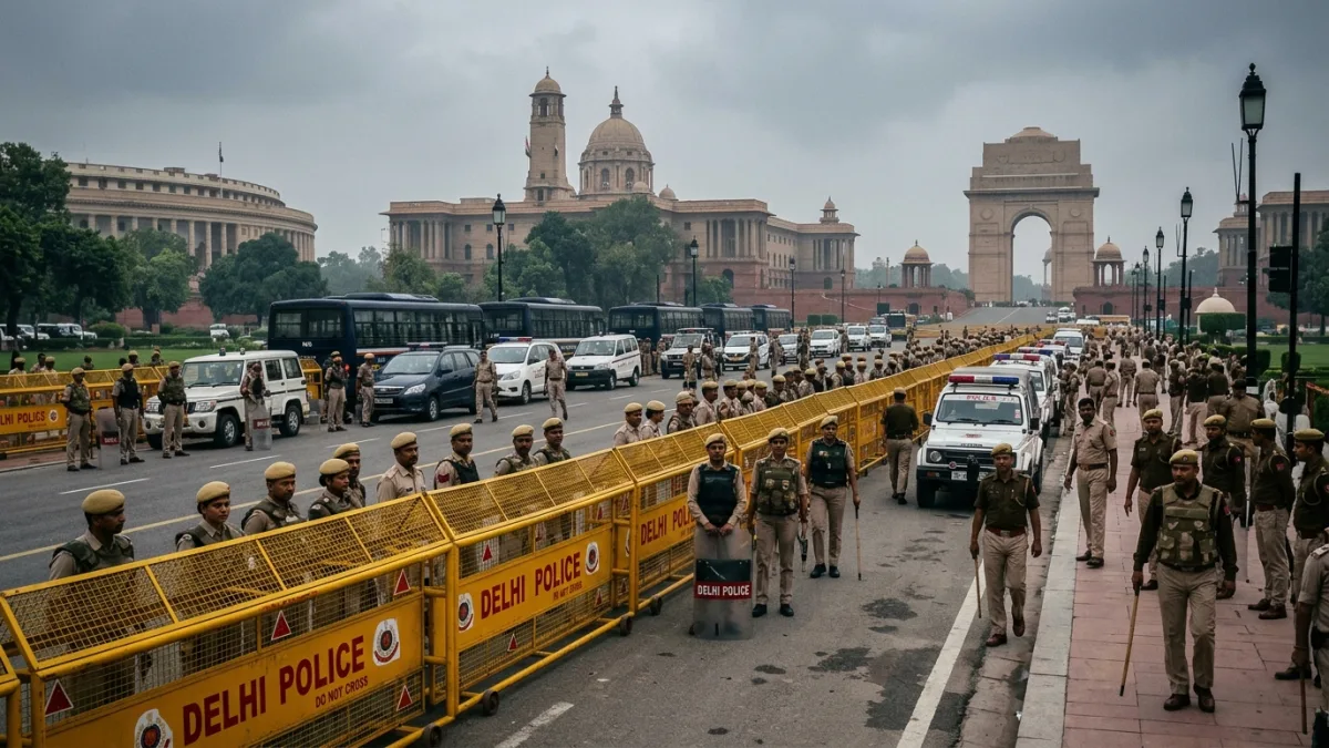 Delhi Police security barricades and deployment at Jantar Mantar during CJP protest on October 10 2026
