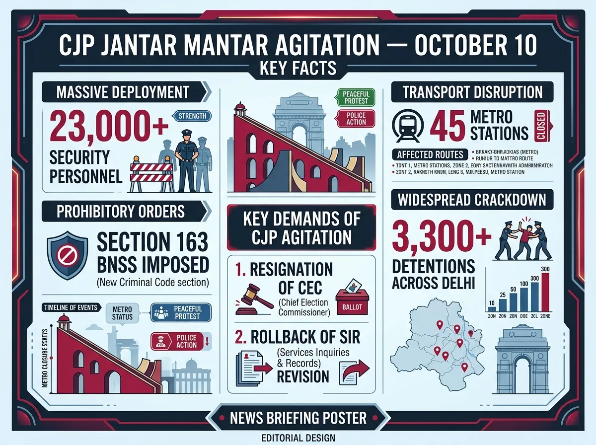 Infographic card showing key facts, 23000 police deployment, 45 metro closures, and 3300 detentions during CJP Jantar Mantar protest
