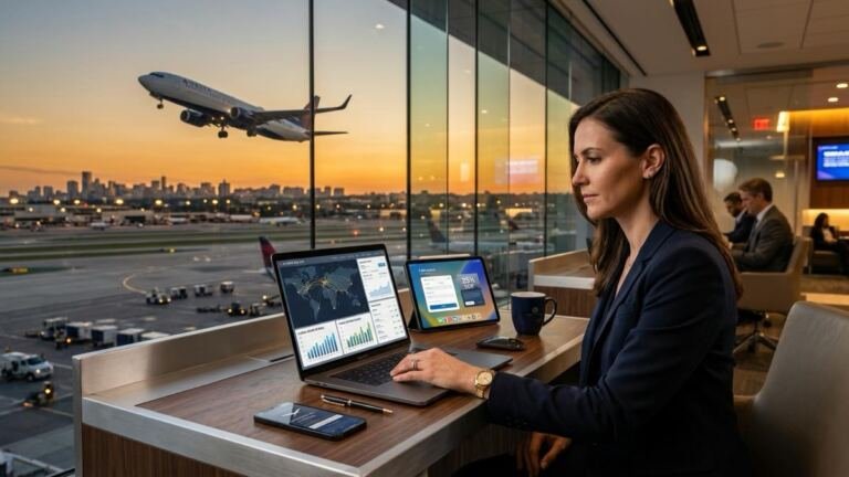Cleartrip FY26 financial review flight bookings dashboard airline takeoff at airport lounge