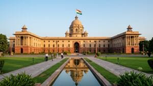 Departments of Indian Government executive Central Secretariat North Block and South Block with Indian tricolor flag