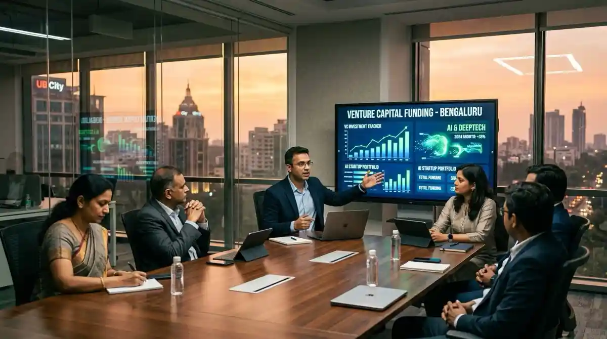 Venture capital investment analytics and tech startup funding growth dashboard in Bengaluru boardroom