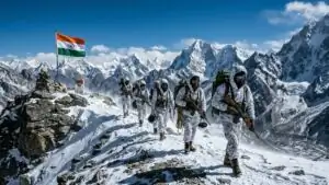 Indo-Tibetan Border Police (ITBP) Himveers on high-altitude snow patrol along the Line of Actual Control (LAC) with the Indian tricolor flag