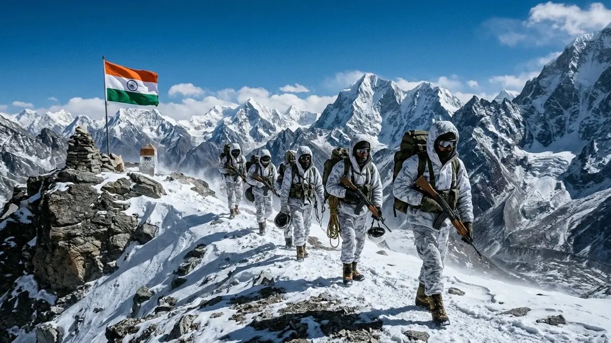 Indo-Tibetan Border Police (ITBP) Himveers on high-altitude snow patrol along the Line of Actual Control (LAC) with the Indian tricolor flag