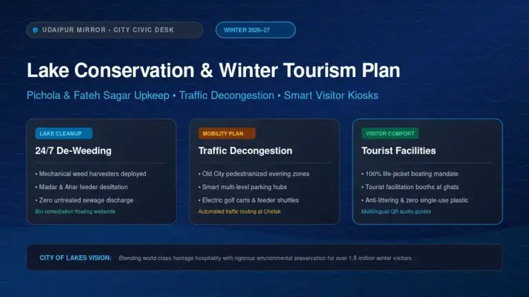 Lake conservation winter tourism plan Udaipur Pichola and Fateh Sagar cleanup banner