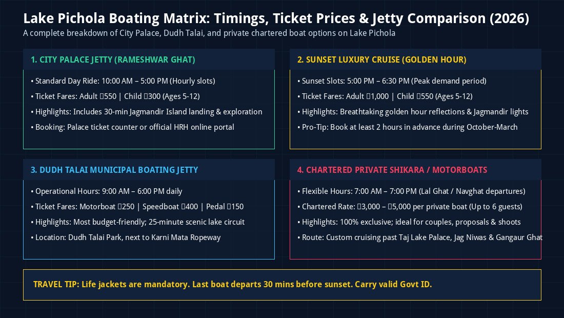 Lake Pichola Boating Rates Timings Ticket Prices and Ghat Infographic 2026