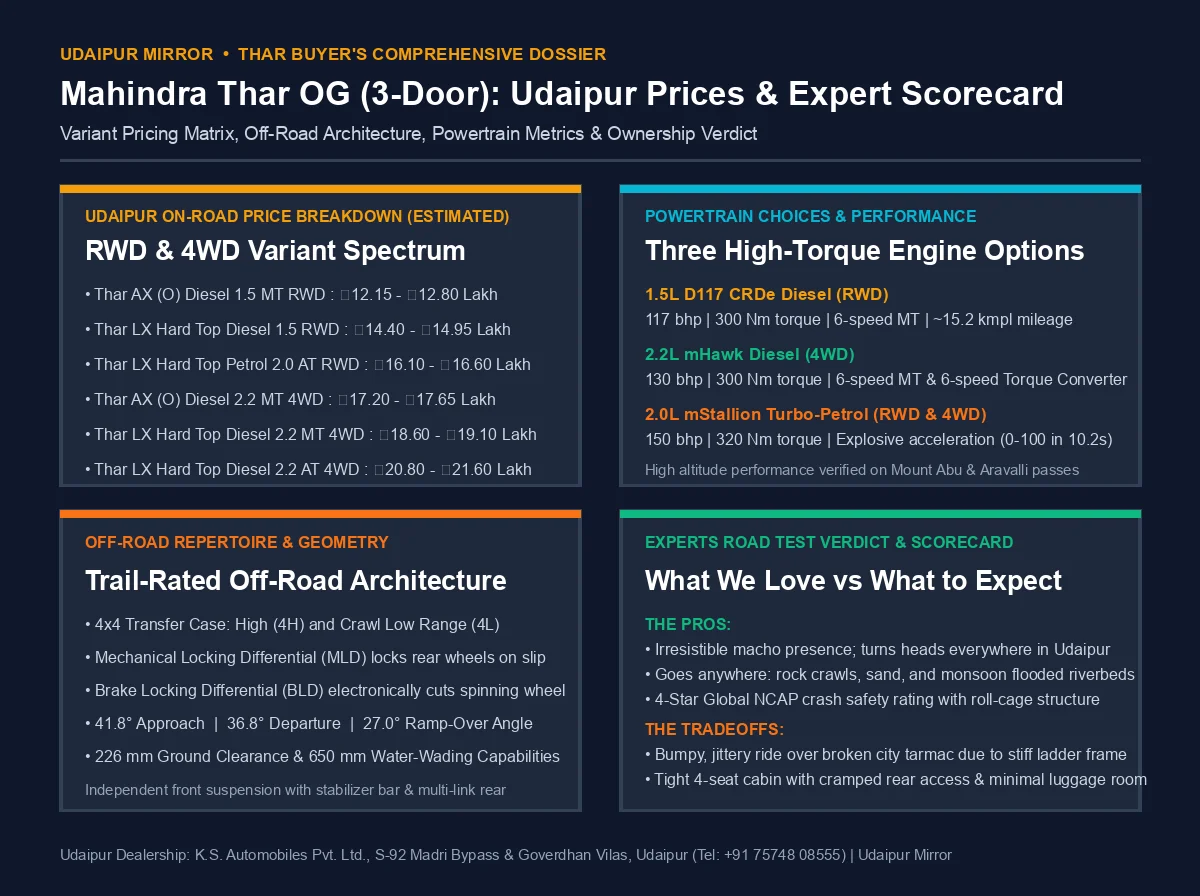 Detailed infographic scorecard displaying Mahindra Thar on-road price in Udaipur, technical off-road specifications, and expert road test pros and cons