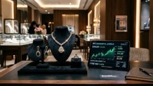M.K.Sons Fine Jewels IPO luxury diamond and gold jewellery showroom with stock market charts