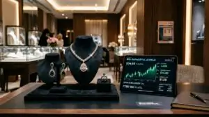M.K.Sons Fine Jewels IPO luxury diamond and gold jewellery showroom with stock market charts