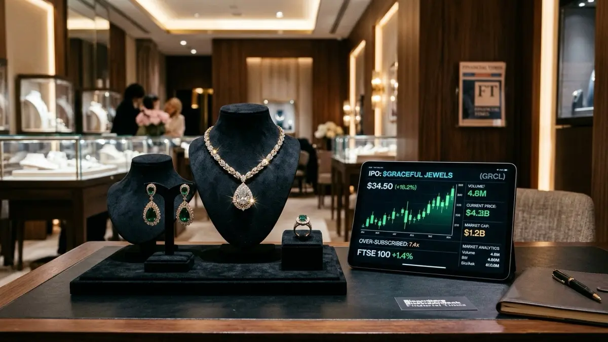 M.K.Sons Fine Jewels IPO luxury diamond and gold jewellery showroom with stock market charts