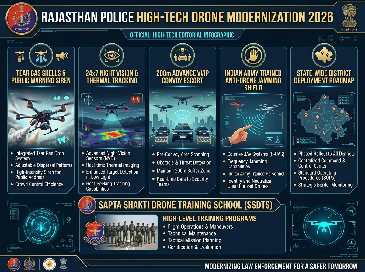 Infographic poster of Rajasthan Police high-tech drone modernization detailing tear gas deployment, thermal tracking, VVIP escort, and Indian Army anti-drone training