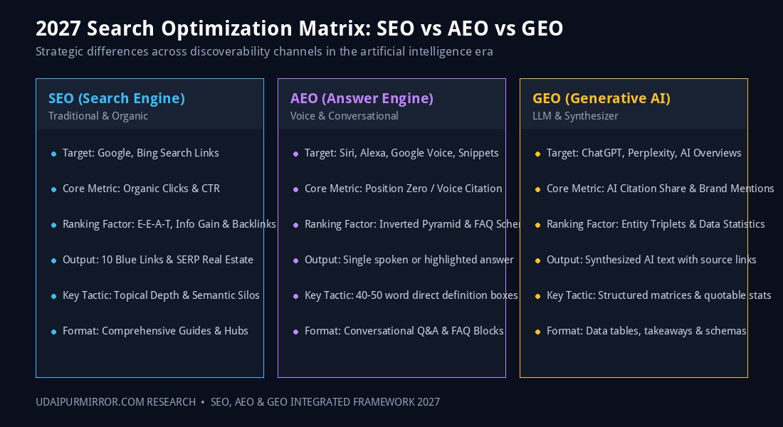 SEO vs AEO vs GEO 2027 Comparison Matrix Infographic Differences and Optimization Signals