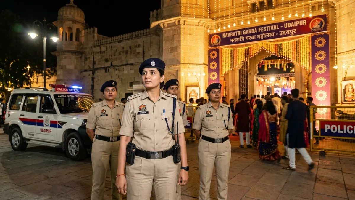 Rajasthan Police women officers and Kalika patrol unit deployed for Shakti Suraksha Abhiyan outside Navratri Garba venue in Udaipur