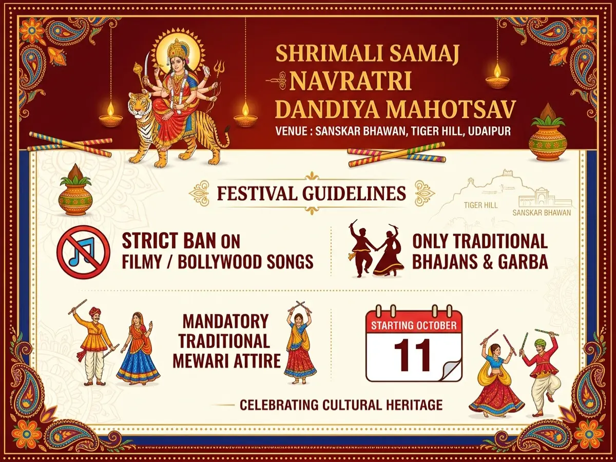 Shrimali Samaj Navratri Festival Guidelines Ban on Filmy Songs and Mandatory Mewari Attire Infographic Card