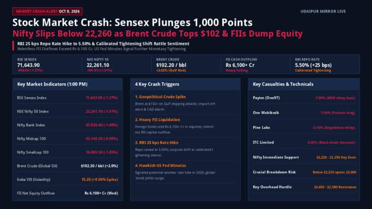 Stock Market Crash Today October 8 2026: Sensex plunges 1000 points, Nifty falls near 22250 as Brent crude crosses $102 and FIIs sell equities