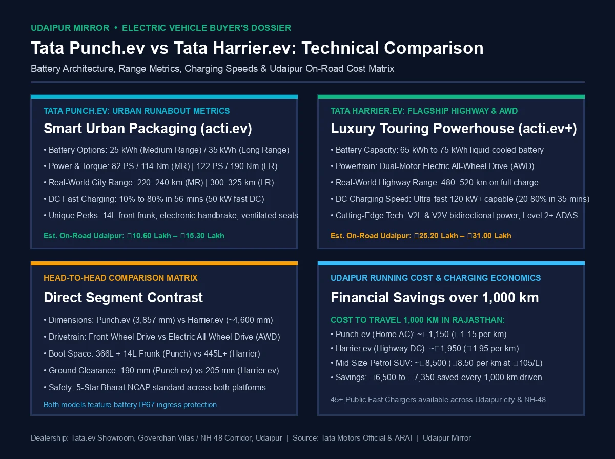 Tata Punch EV versus Tata Harrier EV technical comparison card displaying battery specs, range, charging speeds, and running cost economics in Udaipur