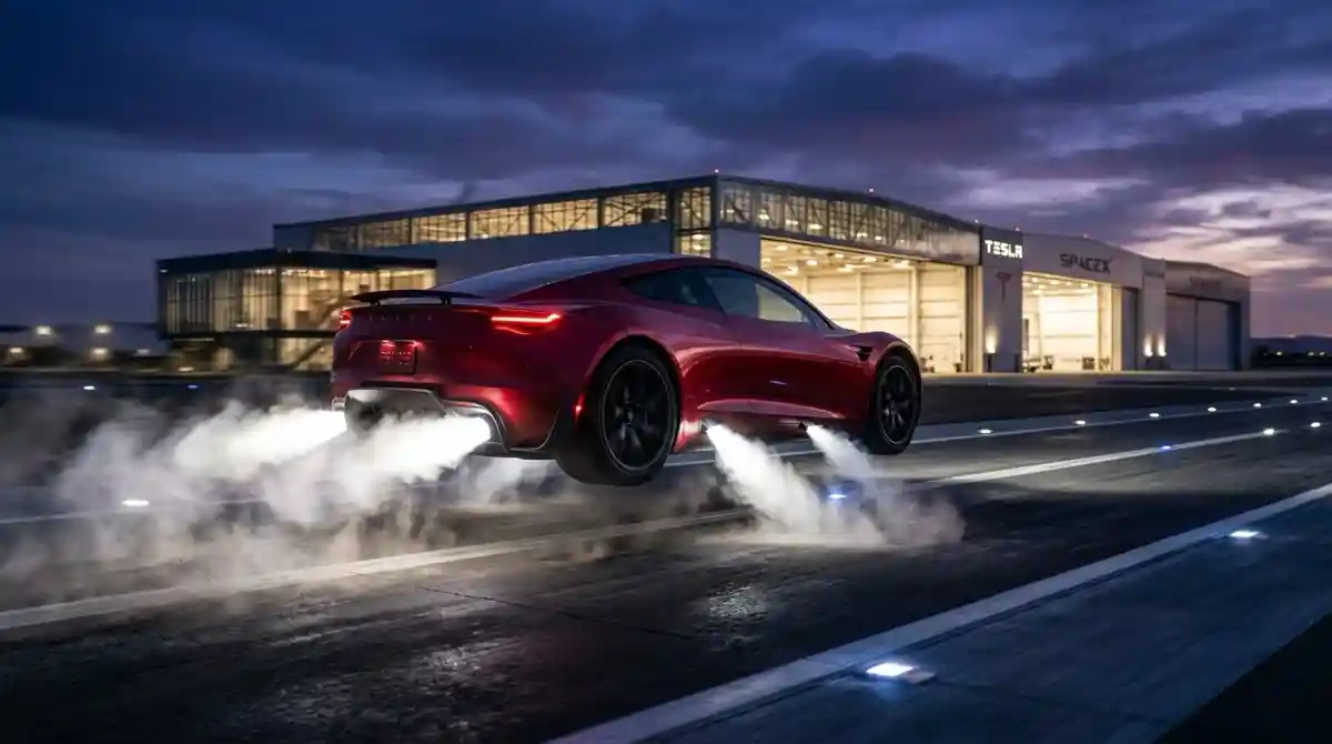Next-generation Tesla Roadster supercar with SpaceX thruster package performing hover jump on test track