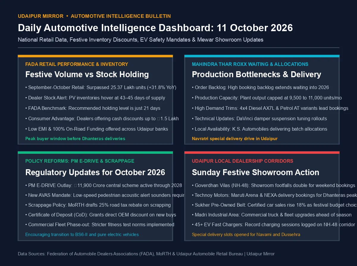 Automotive industry daily intelligence dashboard for October 11 2026 highlighting FADA retail data, Thar Roxx backlog, EV policy updates, and Udaipur dealer discounts