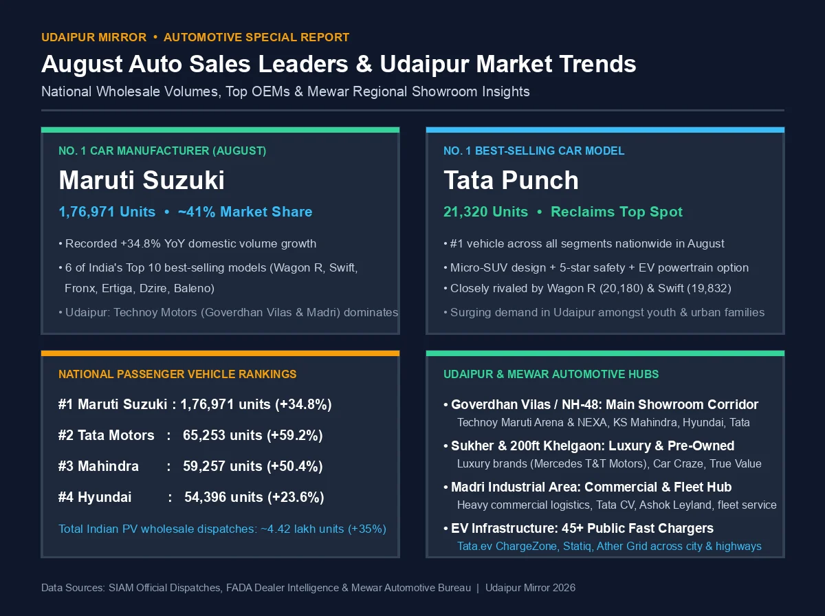 Infographic card showing August auto sales rankings in India with Maruti Suzuki at No. 1 and Udaipur automotive market hubs in Sukher and Goverdhan Vilas
