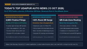 Todays top Udaipur auto news October 13 2026 banner featuring RJ-27 RTO vehicle registrations, Goverdhan Vilas showroom rush, and e-rickshaw traffic rules