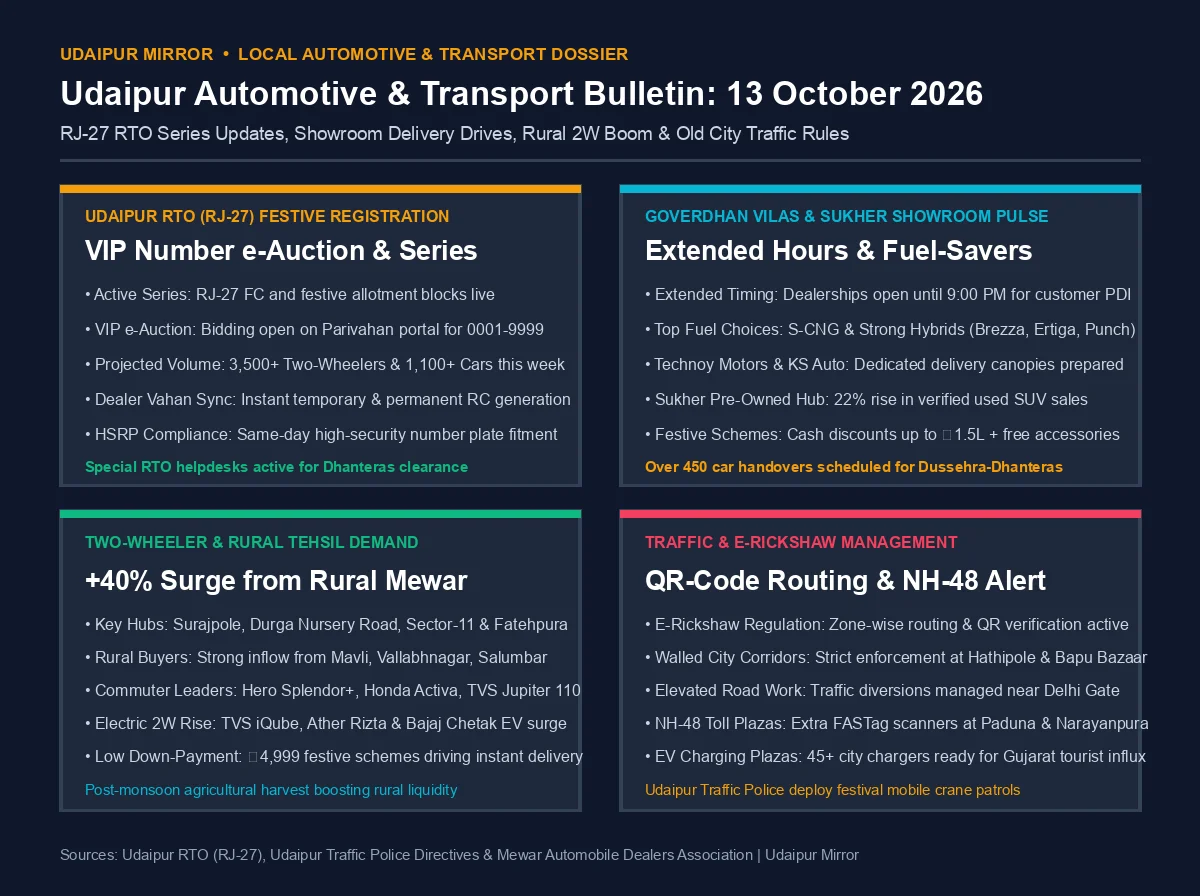 Udaipur automotive and transport bulletin dashboard for October 13 2026 detailing RJ-27 RTO registrations, showroom extended hours, rural two-wheeler demand, and e-rickshaw traffic rules