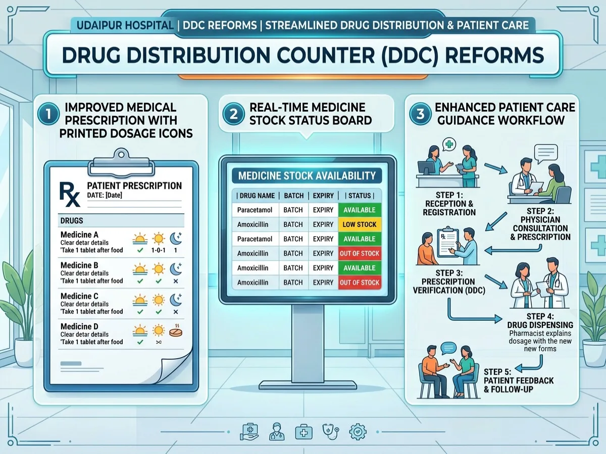 Udaipur Hospital DDC Drug Distribution Counter Reforms Prescription Printed Dosage and Real Time Stock Status Infographic Card