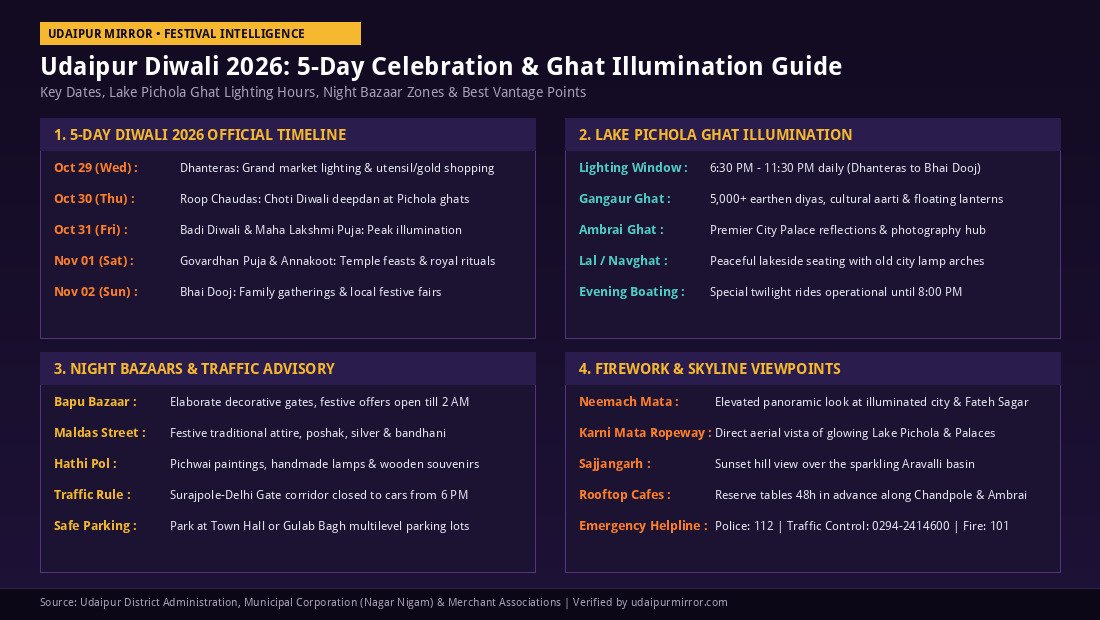 Udaipur Diwali 2026 Schedule Lake Pichola Ghat Illumination Infographic