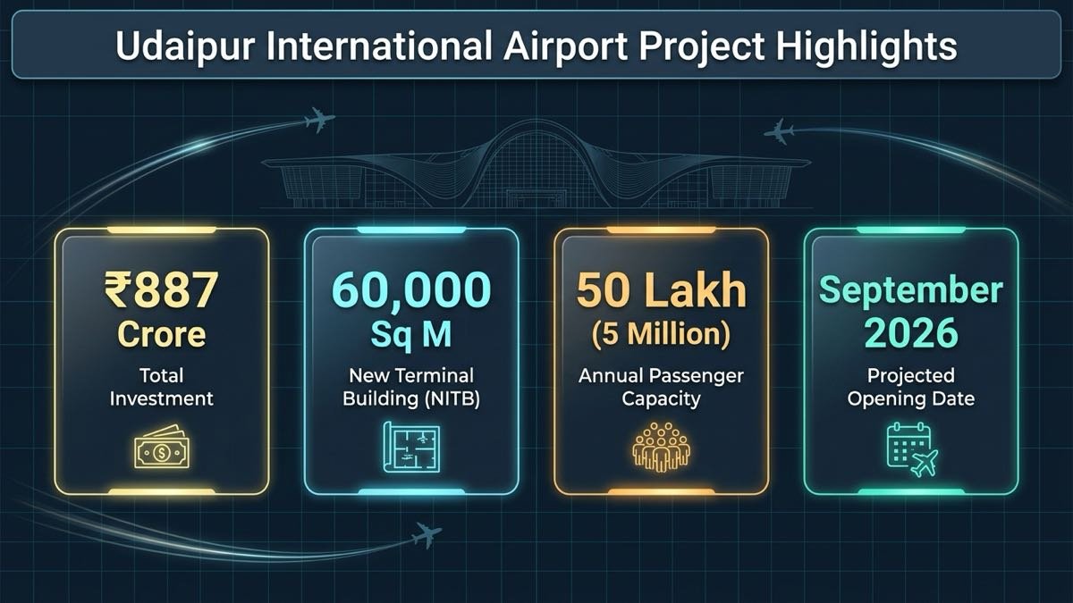 Udaipur International Airport expansion timeline, cost, capacity, and aerobridge specifications infographic