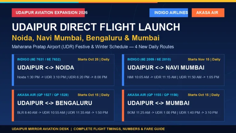 Udaipur to Noida, Navi Mumbai, Bengaluru and Mumbai direct flights by IndiGo and Akasa Air full schedule 2026