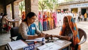 Udaipur Panchayat Election 2026 Phase 1 Voting - Presiding election officer applying indelible ink to voter at rural polling booth