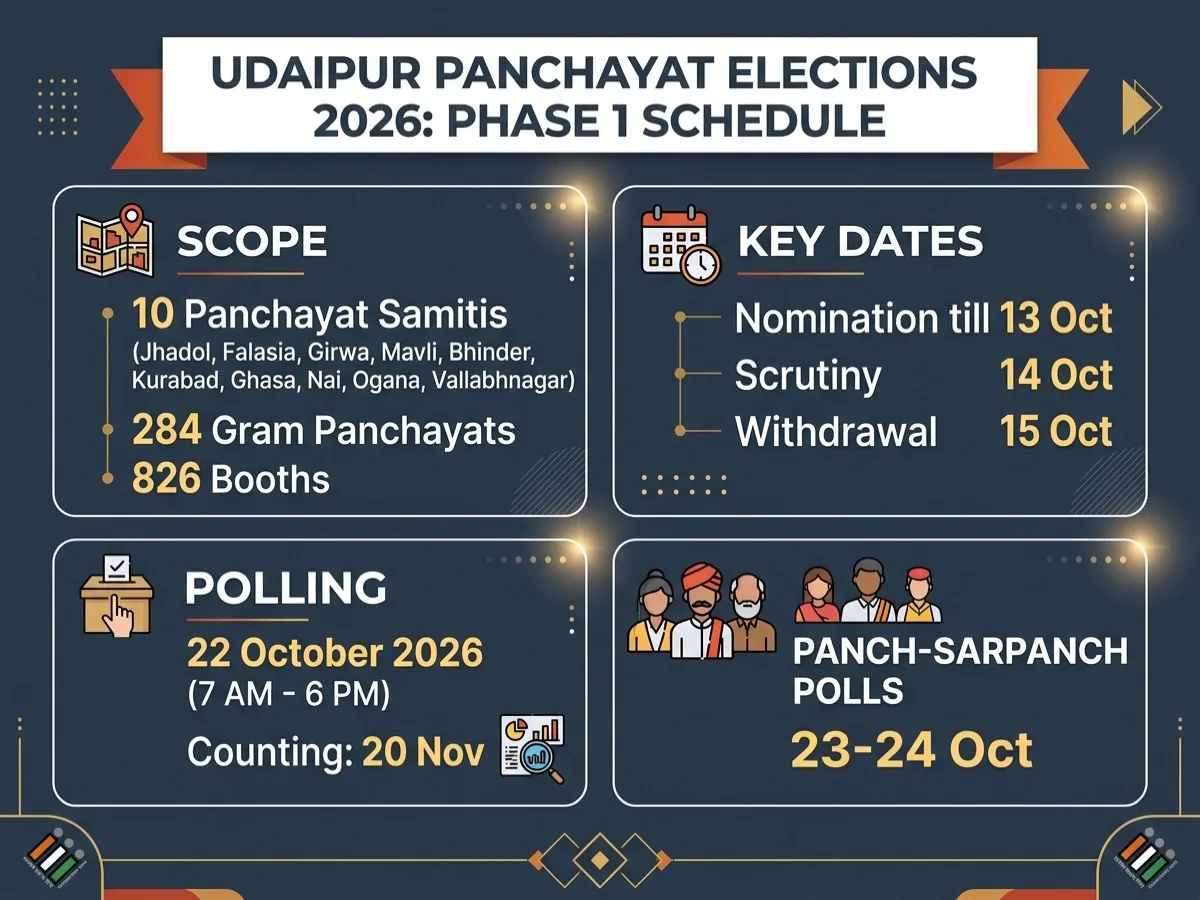 Udaipur Panchayat Elections 2026 Phase 1 Schedule and Booths Infographic Card