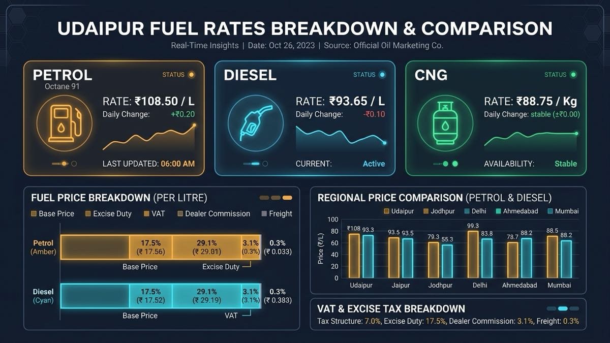 Udaipur Fuel Rates and Rajasthan VAT Price Build-up Infographic