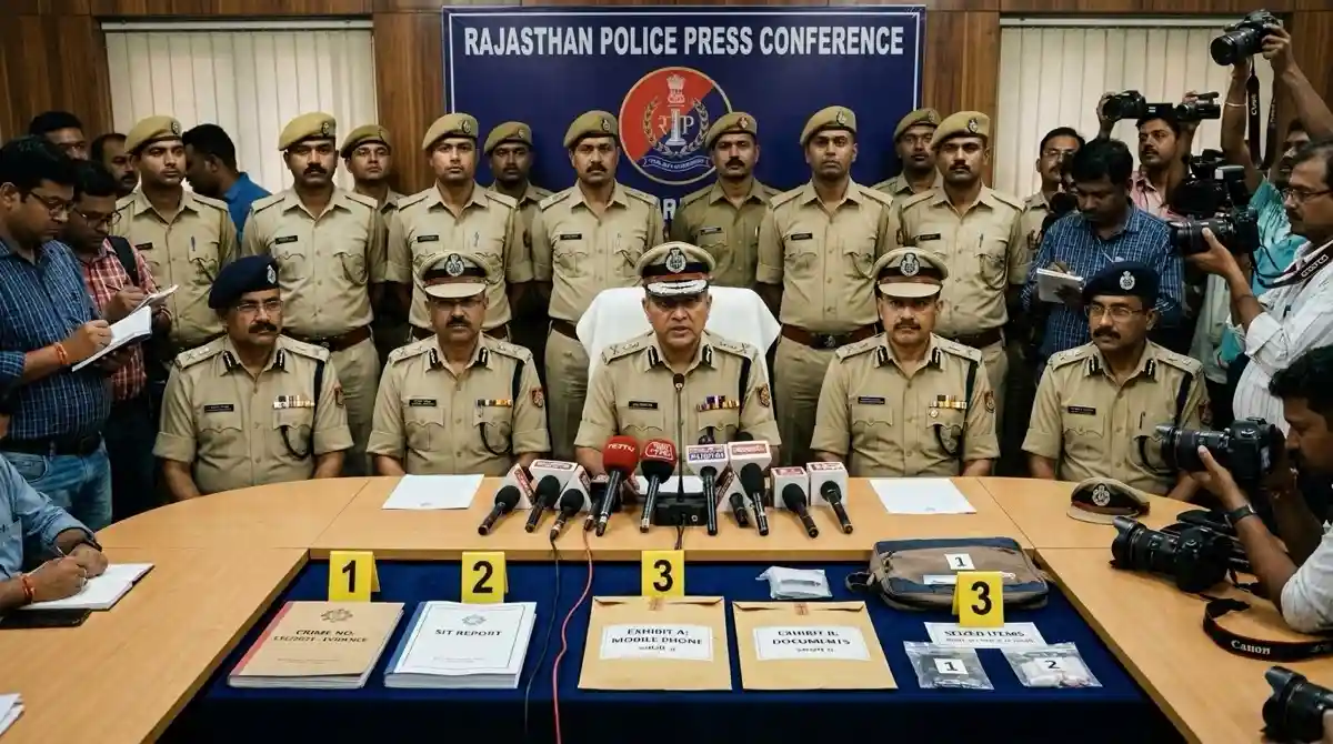 Rajasthan Police officers in Udaipur briefing media on the arrest of hardcore criminals and illegal weapons seizure in Amberi