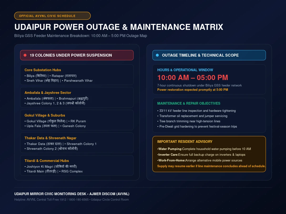 udaipur power cut titardi biliya 19 colonies outage schedule matrix card