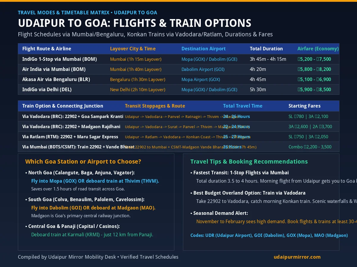 Udaipur to Goa Flights Timetable Konkan Trains Schedule and Fare Comparison Matrix Chart