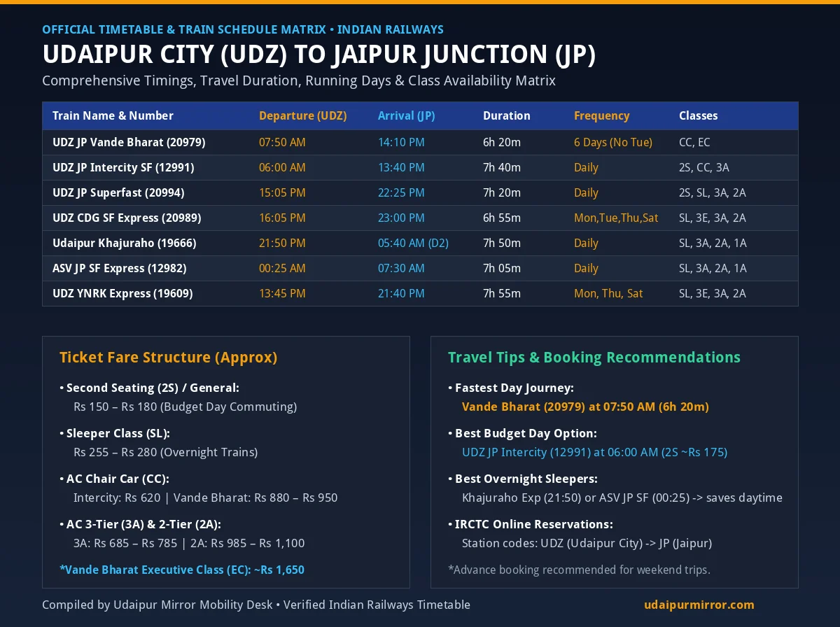 Udaipur to Jaipur Trains Timings Stoppages and Fare Comparison Matrix Chart
