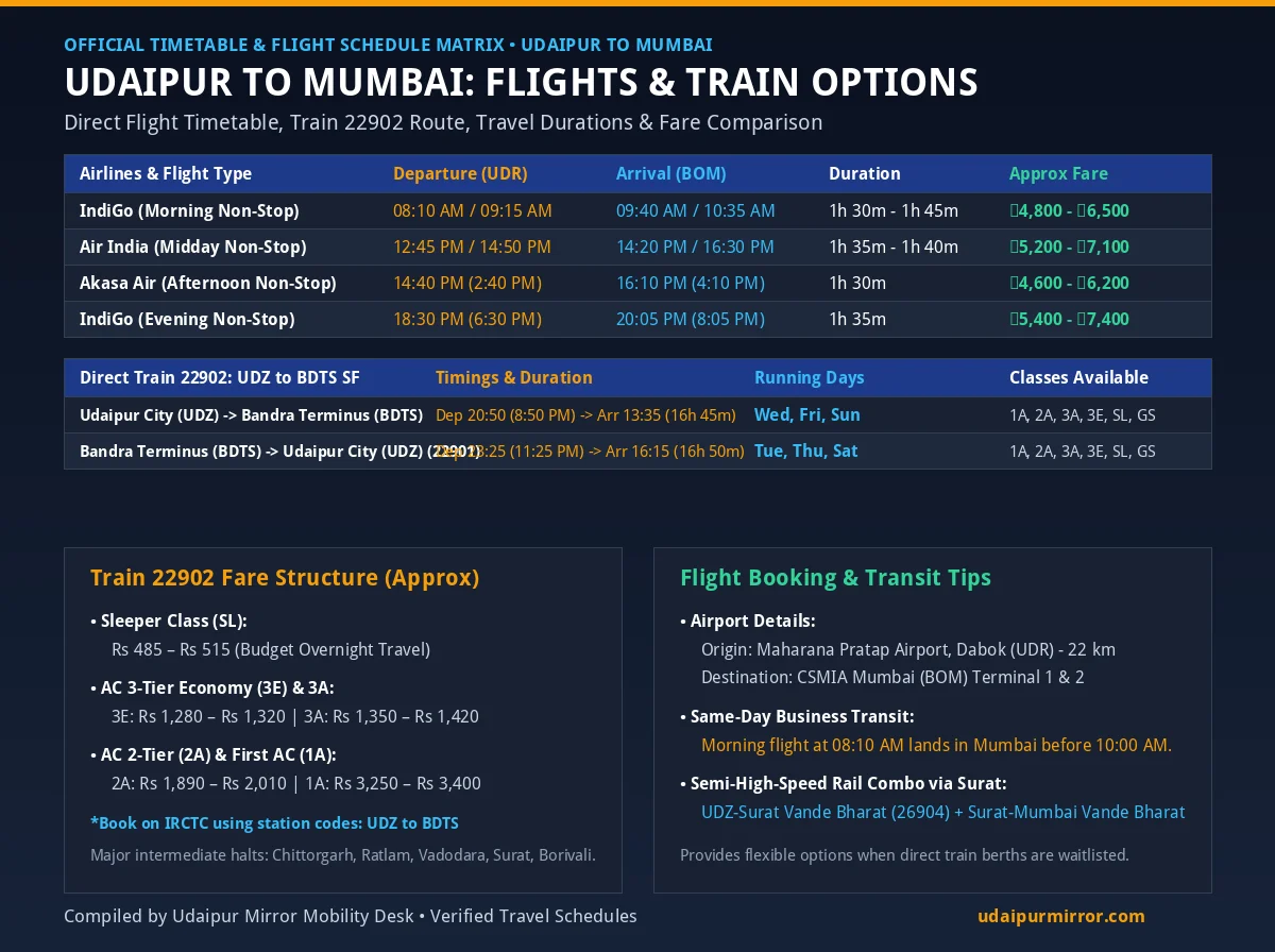 Udaipur to Mumbai Flights Timings Train 22902 Schedule and Fare Comparison Matrix Chart