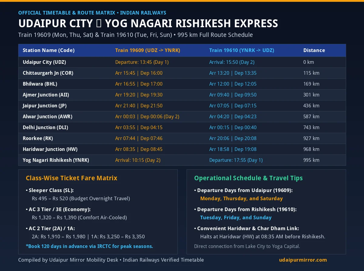 Udaipur to Rishikesh Train Timings Stoppages and Fare Comparison Matrix Chart