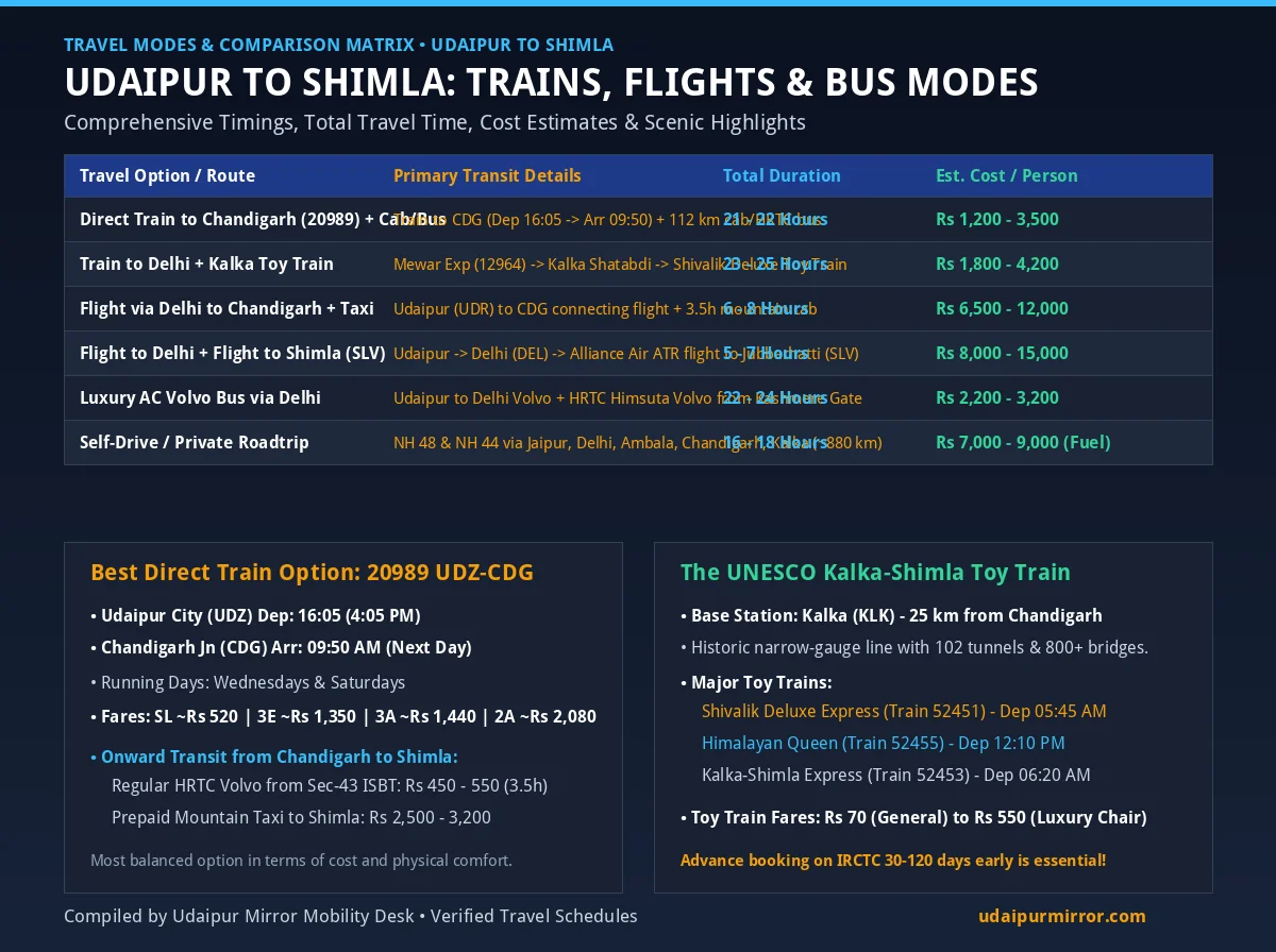 Udaipur to Shimla Train Timetable Travel Modes Comparison Matrix Chart