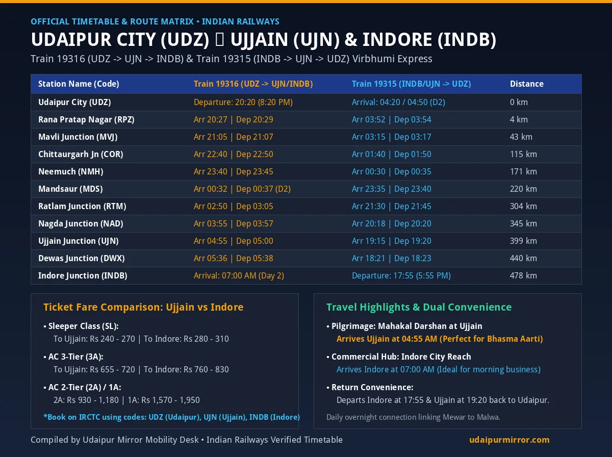 Udaipur to Ujjain and Indore Trains Timings Stoppages and Fare Comparison Matrix Chart
