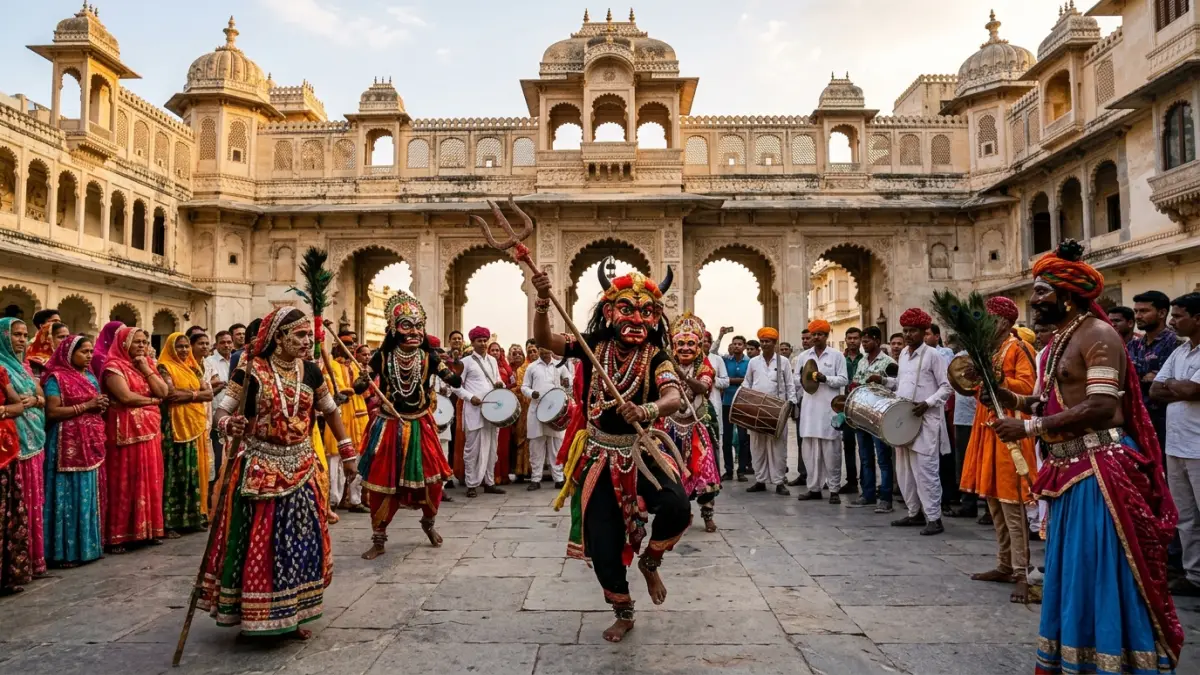 Mewar traditional Gavri tribal dance-drama performance in front of City Palace Udaipur for UNESCO Creative Cities proposal