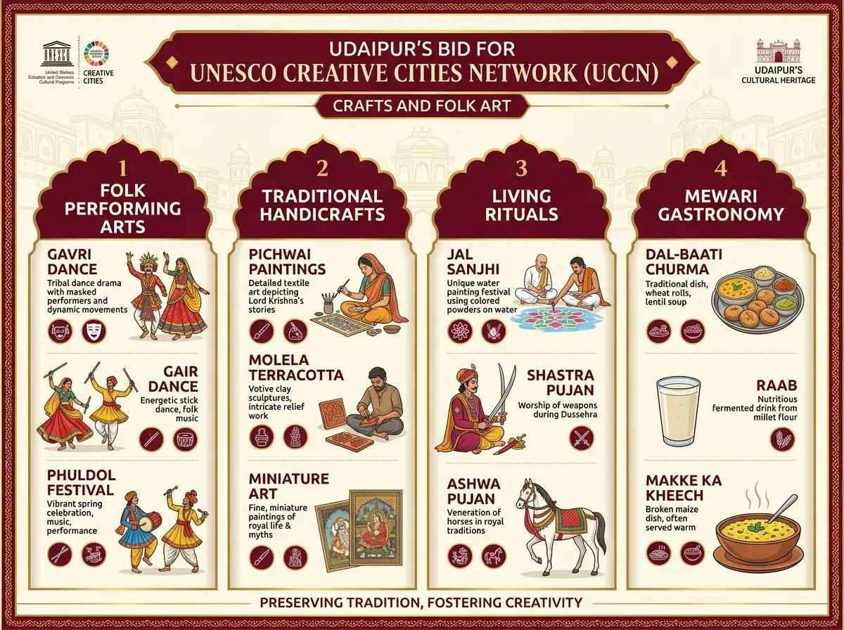 Infographic card displaying 4 heritage pillars of Udaipur for UNESCO Creative Cities Network including Gavri, Pichwai, Jal Sanjhi, and Mewari gastronomy