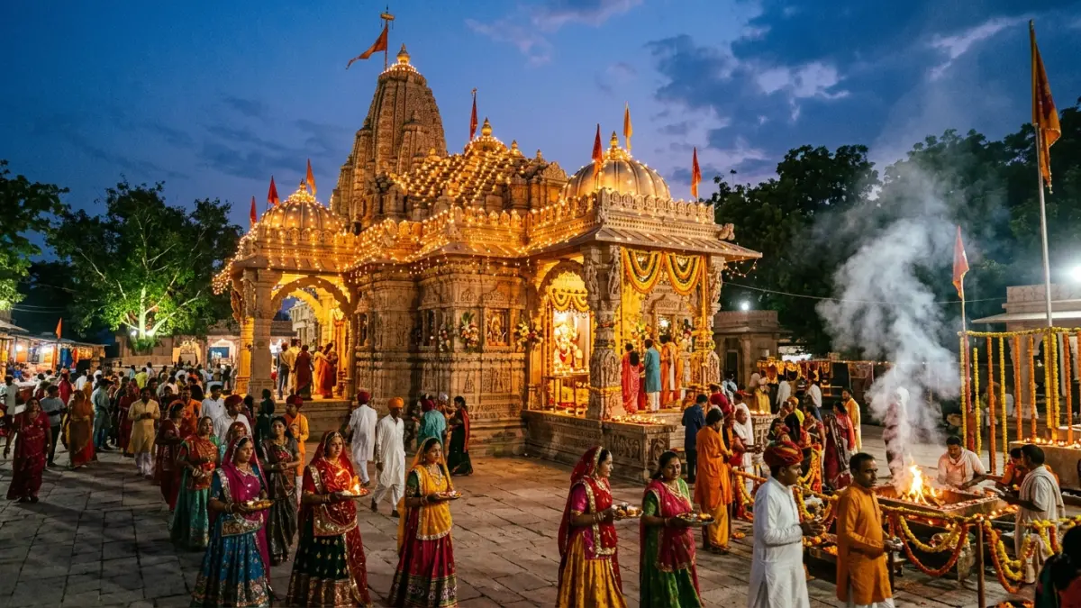 Untala Sheetla Mata Mandir in Vallabhnagar decorated with grand festive illumination and havan during Shardiya Navratri 2026